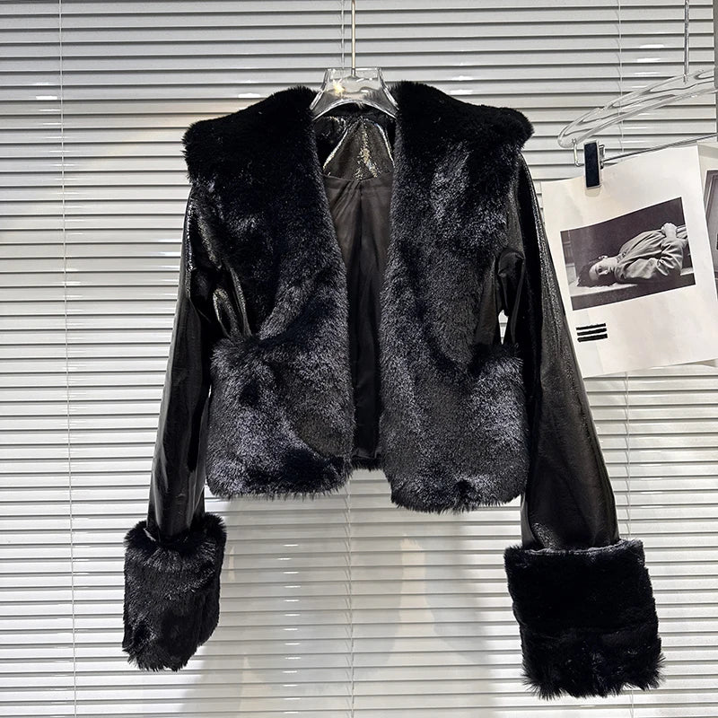 Winter New Fashion Fur Patchwork PU Leather Short Jacket For Women High Street Style Lapel Coat Female Trend 11A07483 Black