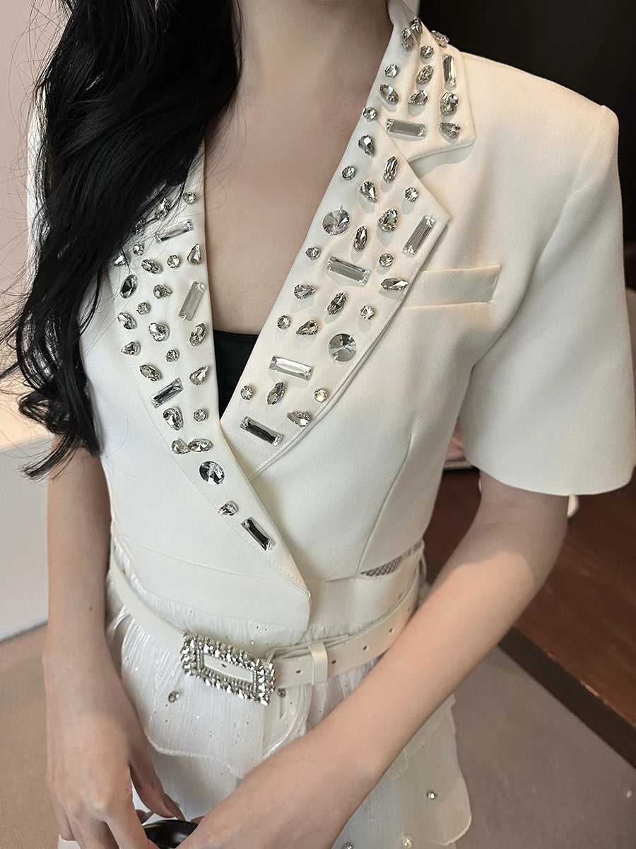 Solid Spliced Bead Belt Elegant Dresses for Women Lapel Short Sleeves Patchwor Ruffles Dress Female Clothing New