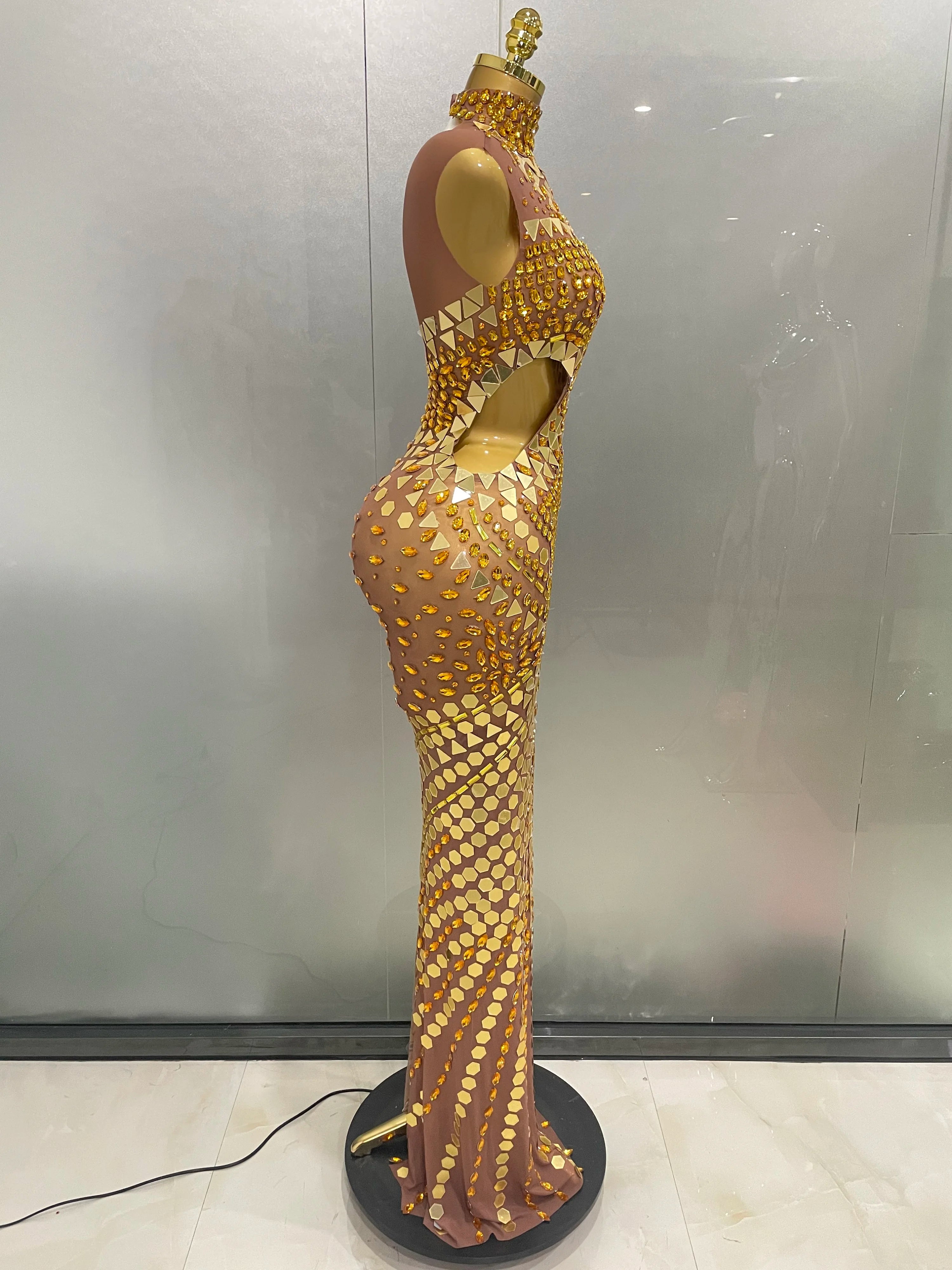 Luxury Shiny Mirror Rhinestones Hollowed-out Long Dress 2025Women Celebrity Evening Party Catwalk Prom Stage Photo Shoot Dresses