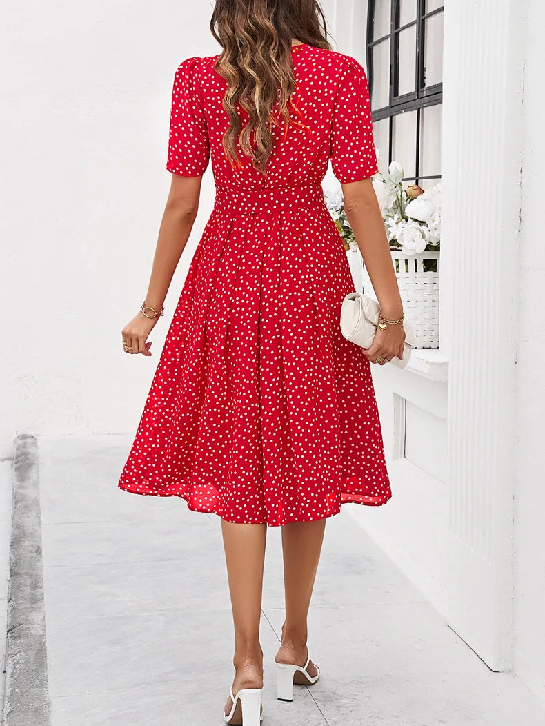 Elegant Office Lady Lace Up Dress Women Casual Short Sleeved Women's Dress 2024 Spring Summer New Polo Dot Printed Dress Up