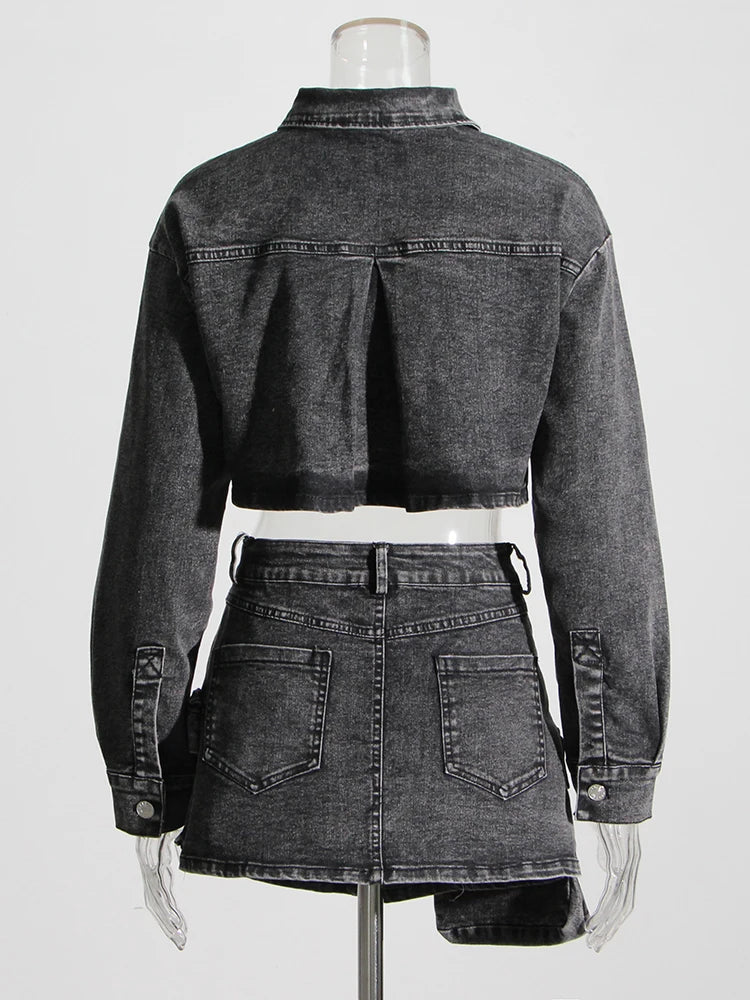Black Two Piece Sets For Women Lapel Long Sleeve Short Top High Waist Patchwork Pocket Mini Skirt Denim Set Female
