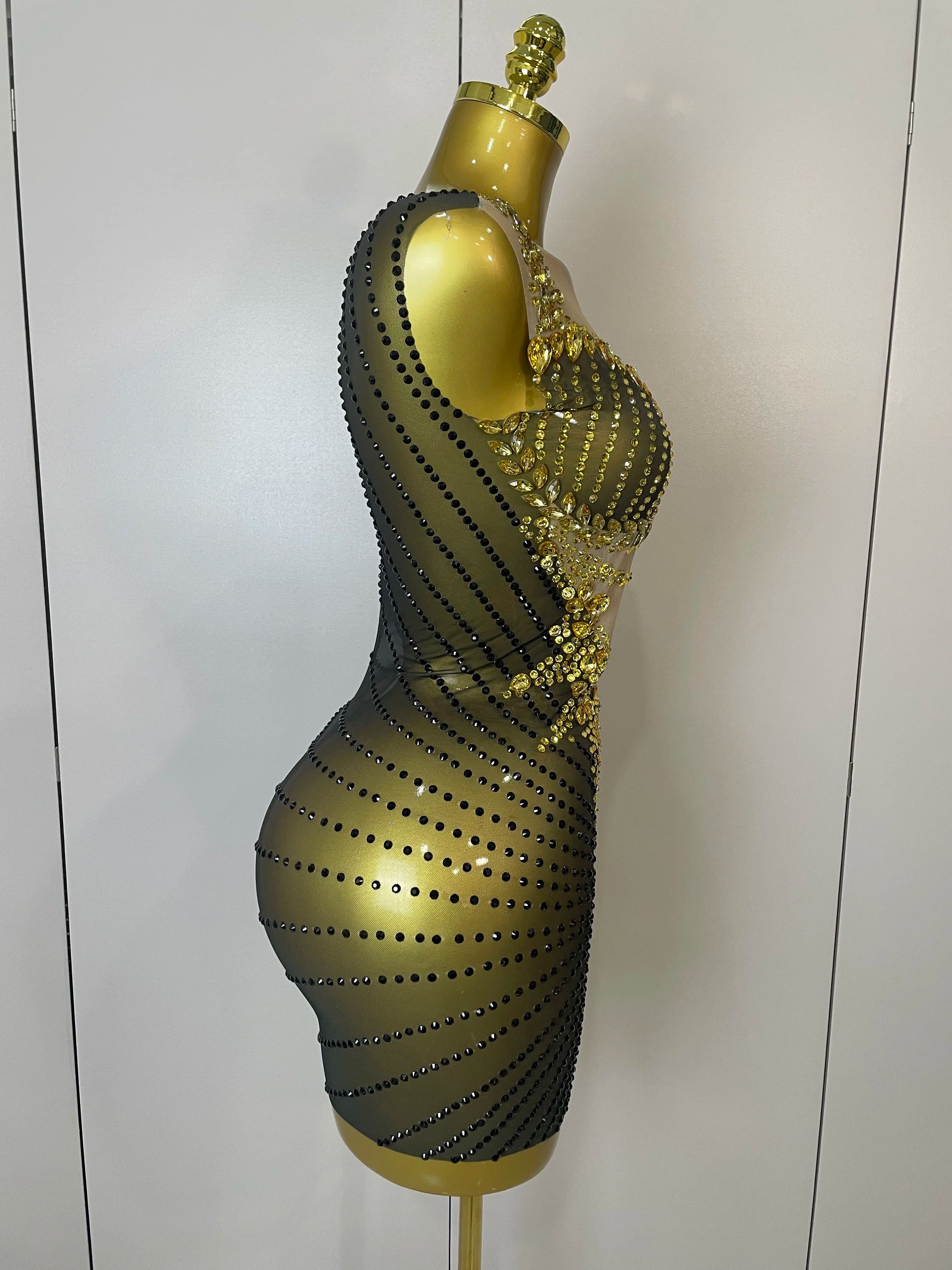 2025 Sparkly Gold Rhinestone Transparent Sleeveless Mini Dress Evening Birthday Celebrate Party Nightclub Performance Costume