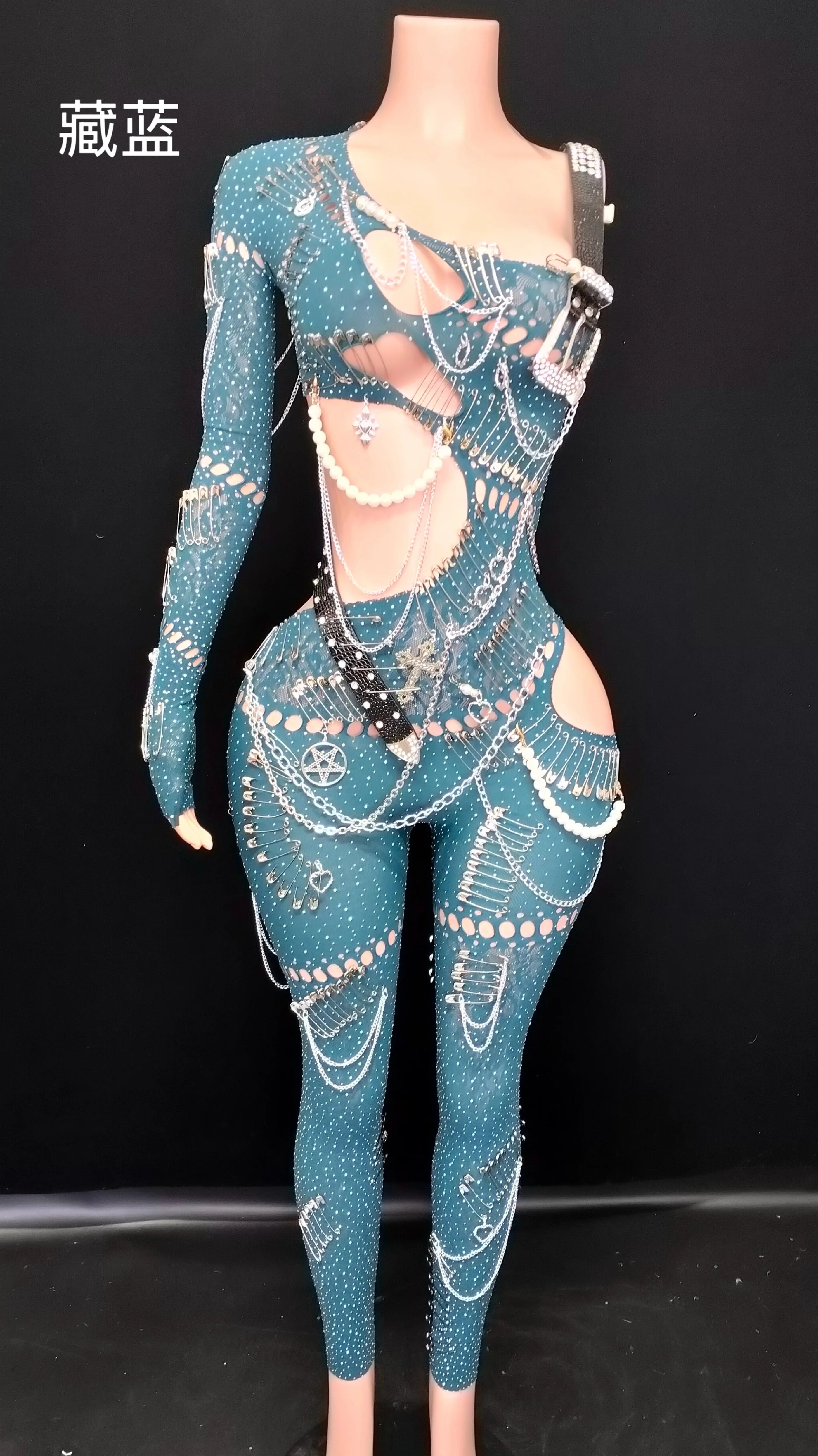 Sexy Shining Pearl Chain One Shoulder Hollow Out Jumpsuit 2025 New Women Birthday Party Nightclub Singer Performance Stage Wear Blue