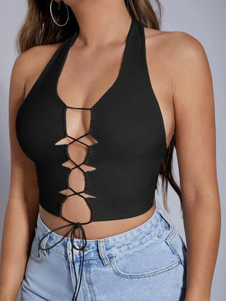 Lace Up Front Crop Halter Top Sleeveless Lace up Top Cutout Front Cami Tank black