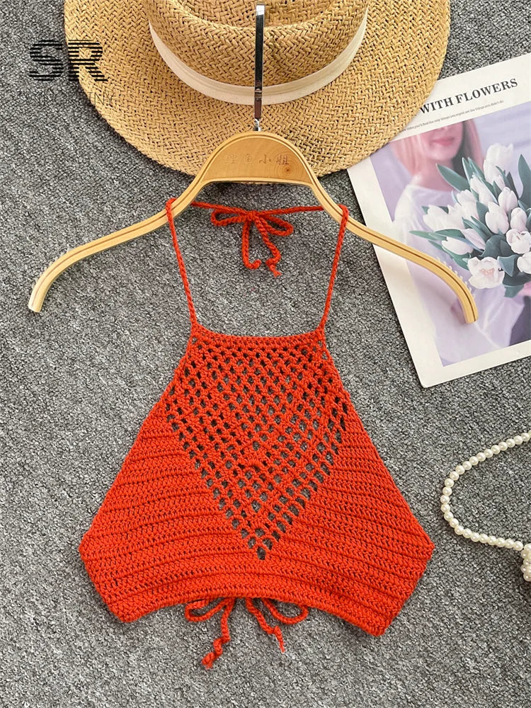 SINGREINY Summer Knit Camisole Women Hollow Out Design Solid Backless Halter Retro Fashion Ladies Sexy Beach Slim Tank Top red One Size