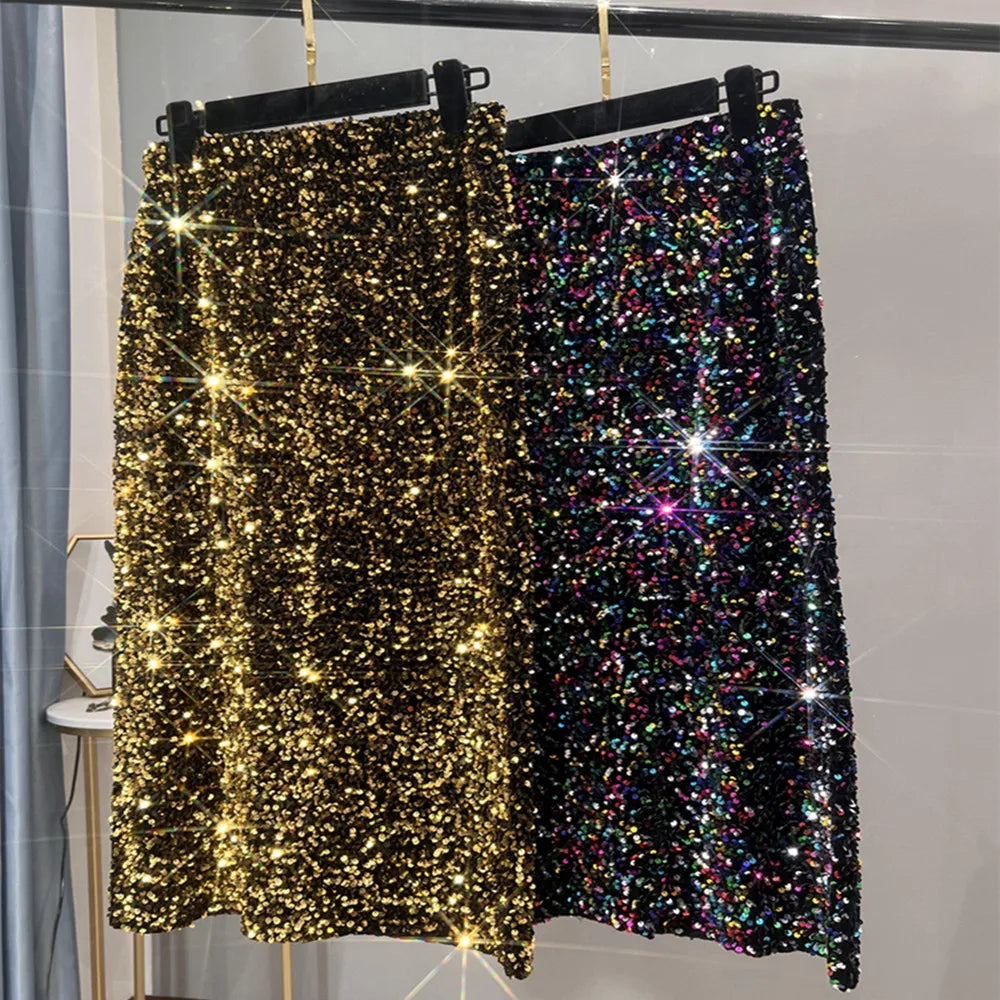French High-waisted Slim Skirt High-quality Shiny All-match Mid-length Thickened Hip Skirt Split Black Sequin Skirt Women