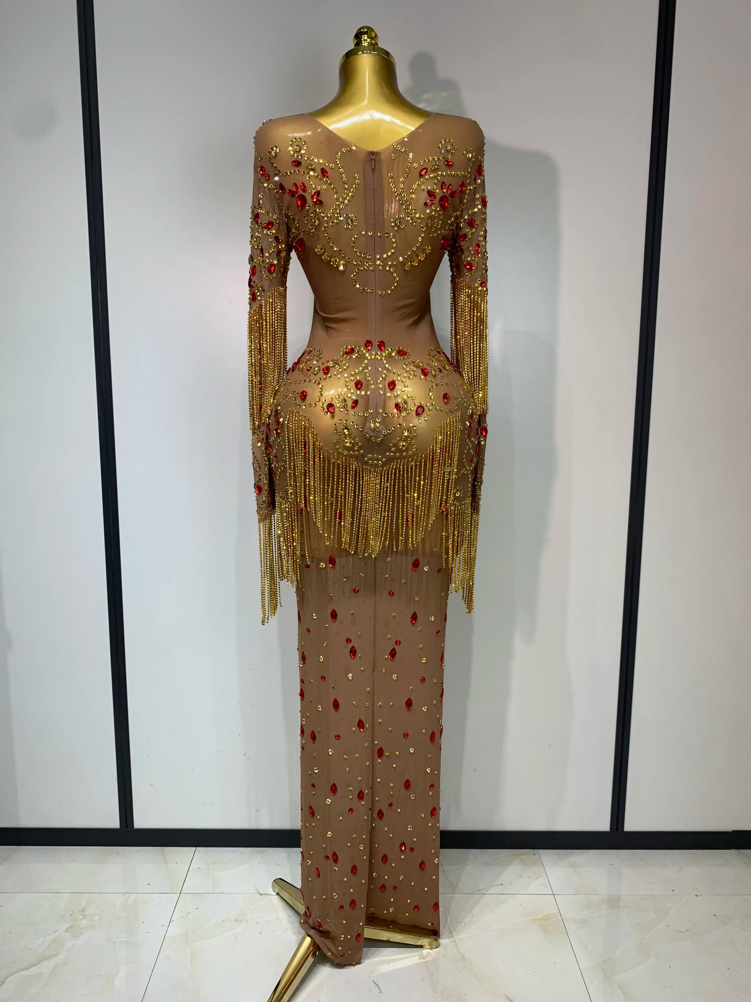 See Through Elastic Mesh Sparkly Rhinestone Stage Performan Costume Luxury Birthday Evening Party Wedding Dress