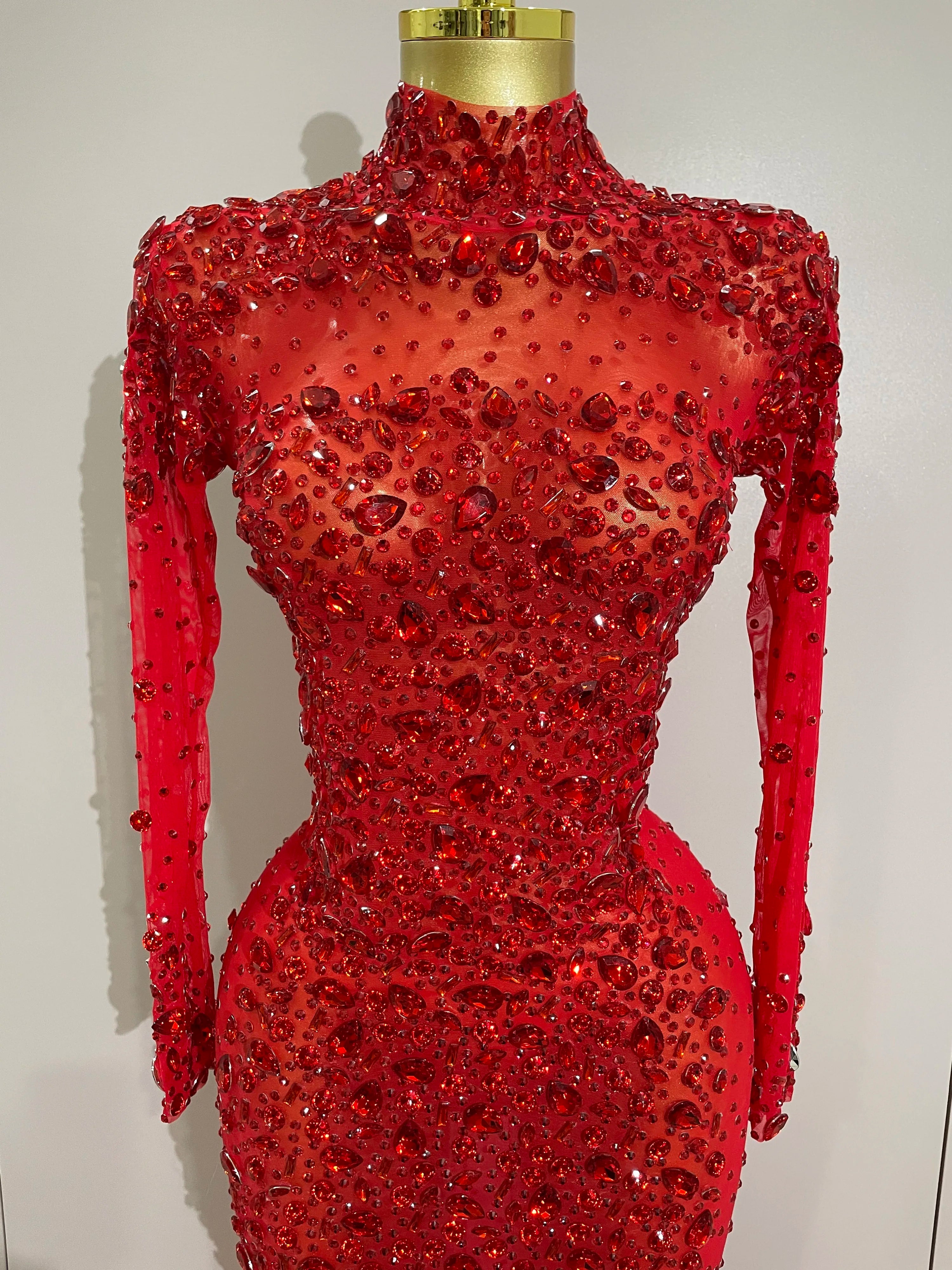 2025 New Sparkling Red Crystals Feathers Long Sleeve Mermaid Maxi Dress Women Wedding Celebrate Luxury Birthday Party Prom Gown