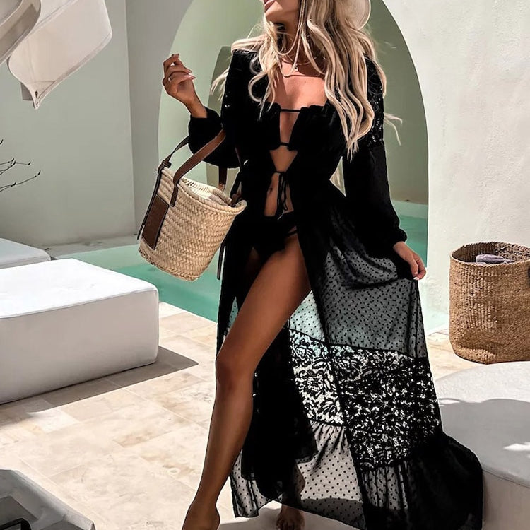 Sexy Lace Swimwear Cover-ups Pareo Beach Dress Kimono Tunic Long Sleeve Cape Beachwear Black One Size