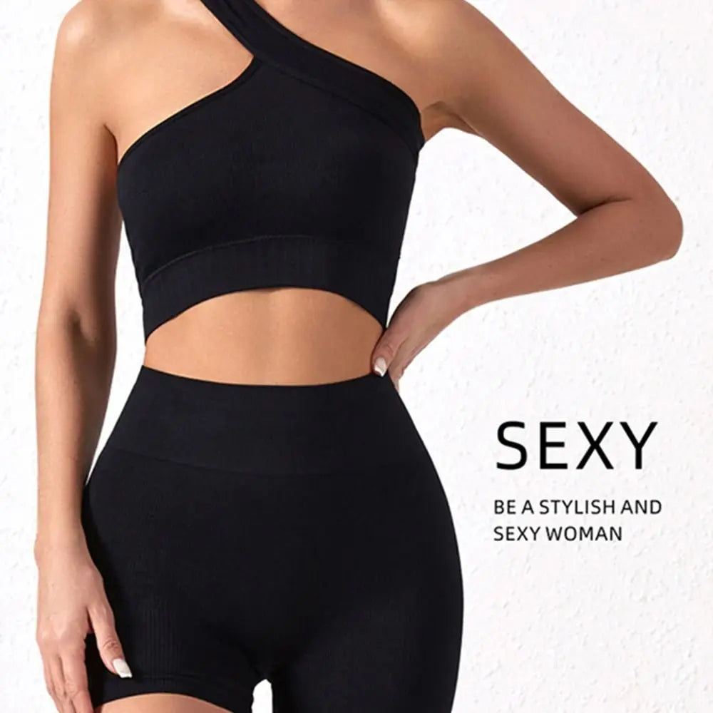 2Pcs Seamless Women Workout Sets Casual High Waist One Shoulder Yoga Outfits Tank Tops Ribbed Sports Bra Gym