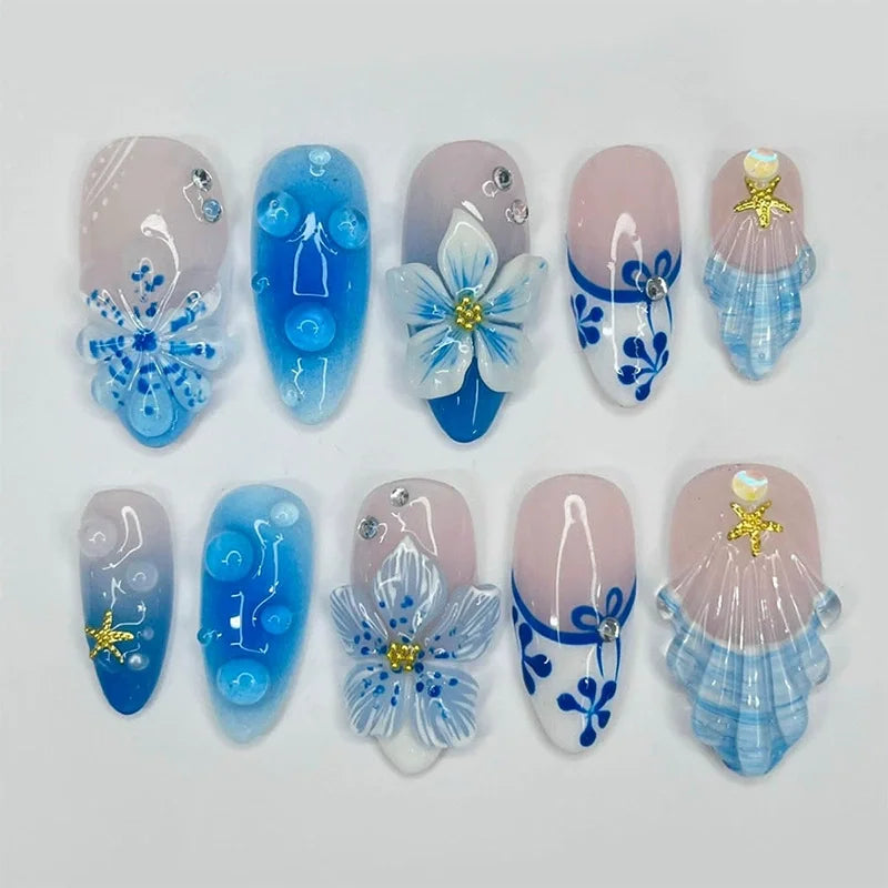 24Pcs 3D Water Ripple Wearable Almond Nail Tips Blue Ocean Shell Design Manicure Colorful Flower Pearl Detachable False Nail Set 4