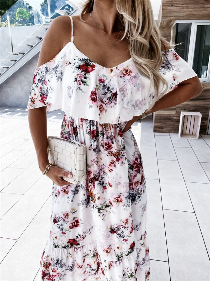 Women Boho Floral Cold Shoulder Elegant fashion Maxi Dress Ladies Summer Ankle-Length