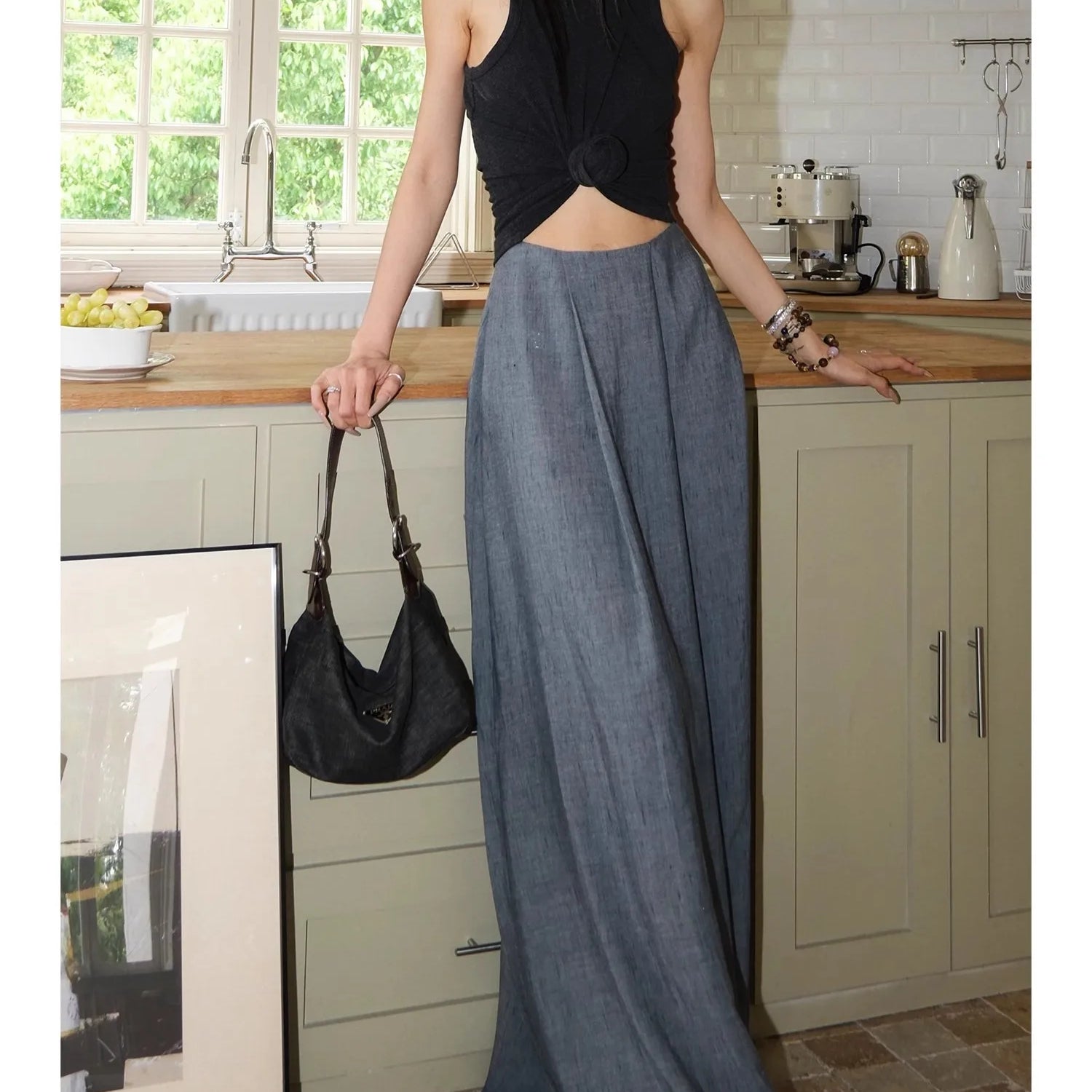 Lautaro Spring Summer Flowy Soft Thin Floor Length A Line Skirt Women High Waist Elegant Chic Extra Long Luxury Designer Clothes Blue