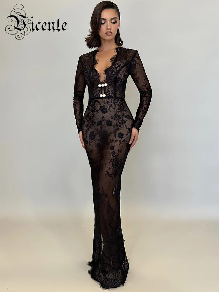 Black Long Dresses For Women Sexy V Neck Long Sleeve Lace Evening Maxi Gown Fashion Summer Dresses 2024