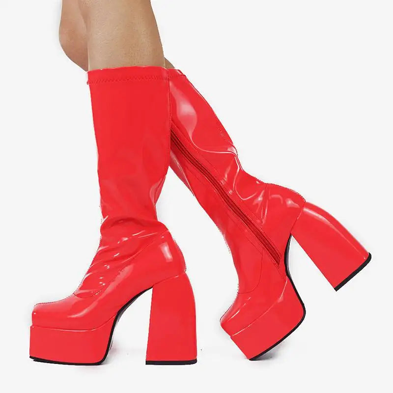 Elastic Microfiber Shoes Ankle Boots Autumn Snow Boots High Heel Thick Platform Mid-Calf Boots Red