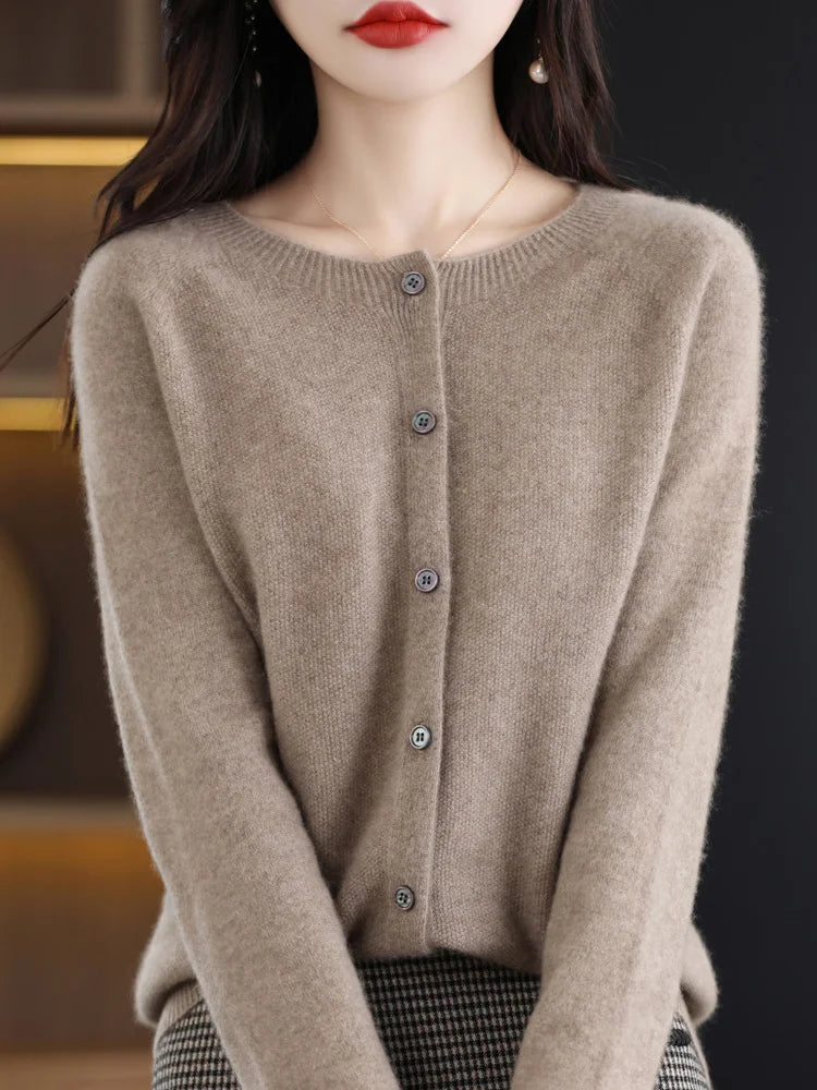 Aliselect Autumn Winter Women 100% Merino Wool Sweater O-Neck Tops Long Sleeve Basic Cashmere Knitwear Cardigan Clothing Coat camel