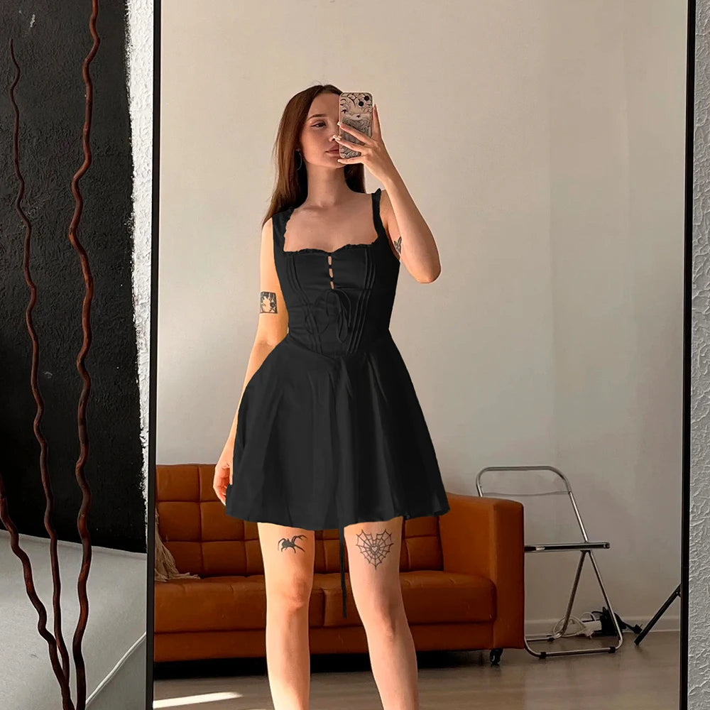 Suninheart Summer Lovely Cute Mini Dress Black Hollow Out Sexy Party Dresses Lace Up Elegant Holiday Dress Women 2024 New In black