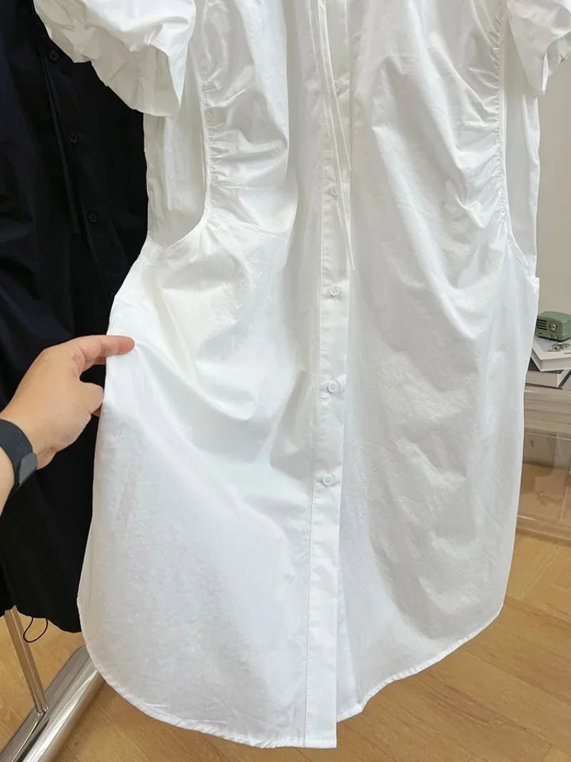 Loose Drawstring White Lantern Short Sleeve Shirt Dress Vestidos Elegantes Para Mujer Maxi Single Breasted Women es