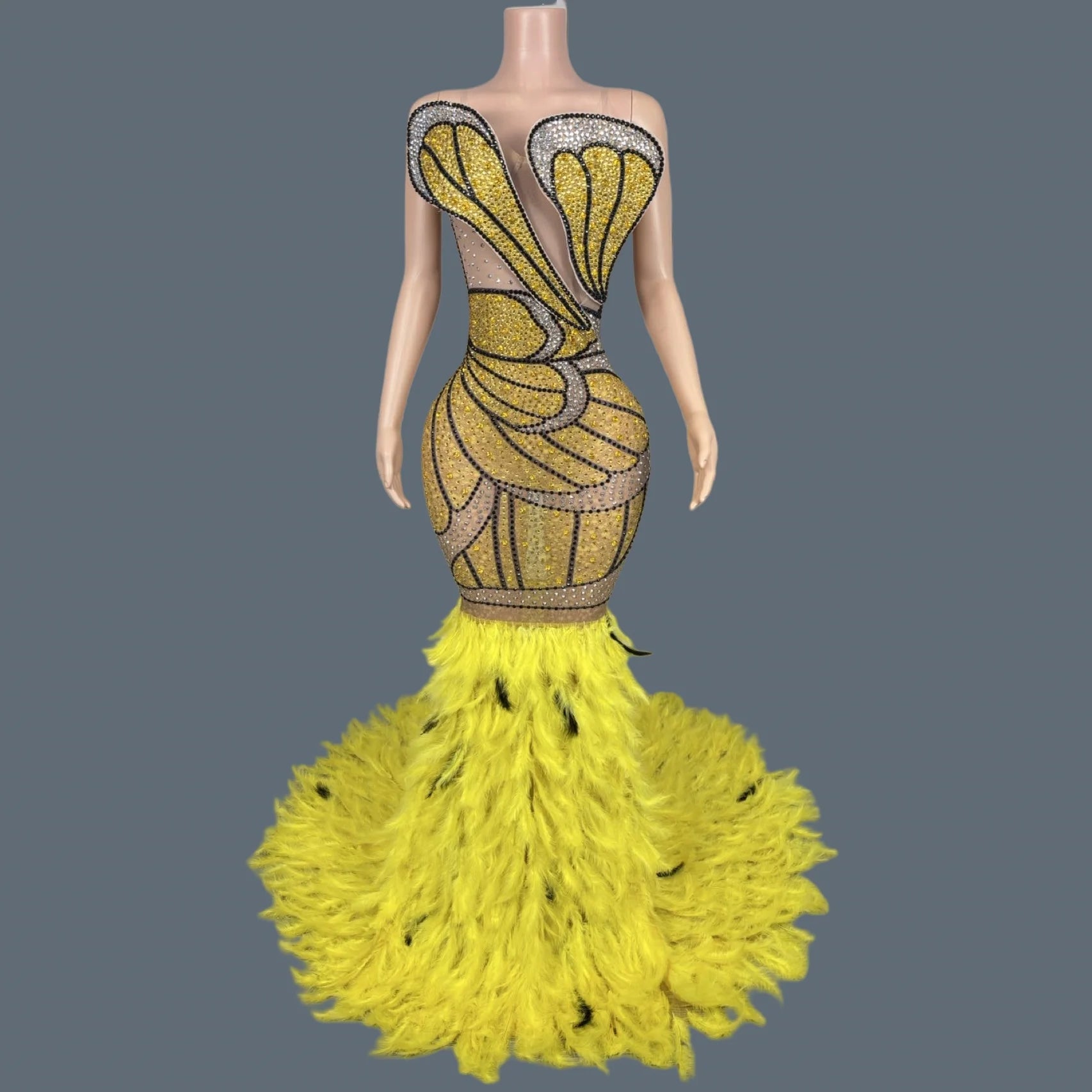 Luxury Women Feather Evening Dress Sparkly Sexy Prom Couture Rhinestone Birthday Party Ball Celebrate Photo Shoot Wear Mifeng Yellow