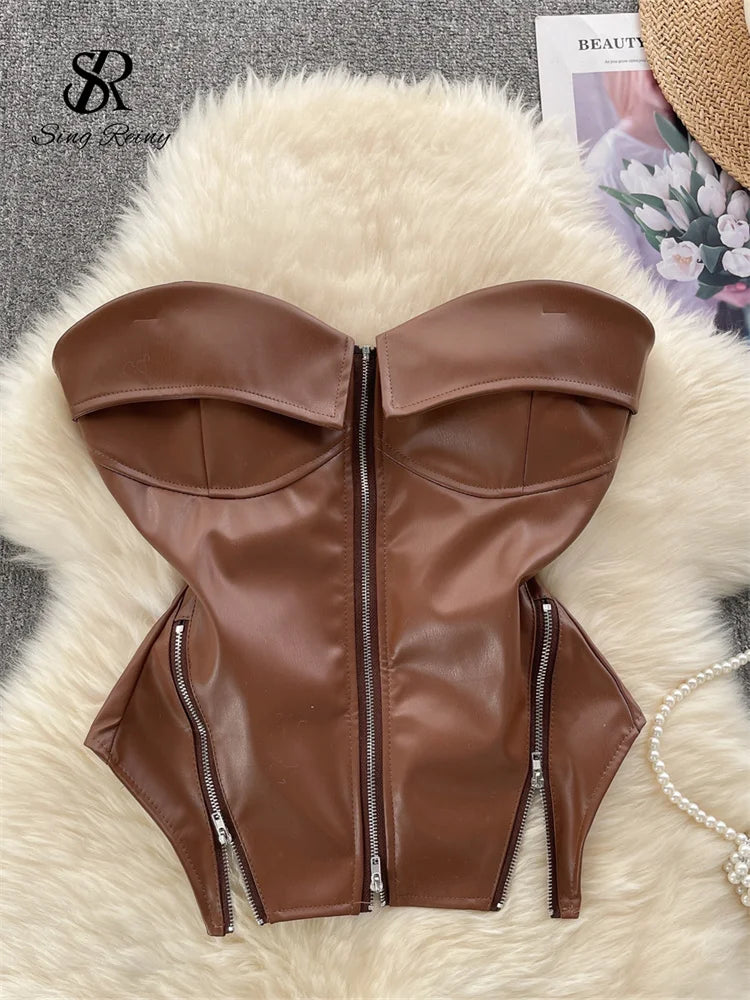 SINGREINY Strapless PU Leather Short Tank Top Fashion Zipper Design Slim Chic Backless Camis Ladies Streetwear Club Sexy Top coffee One Size