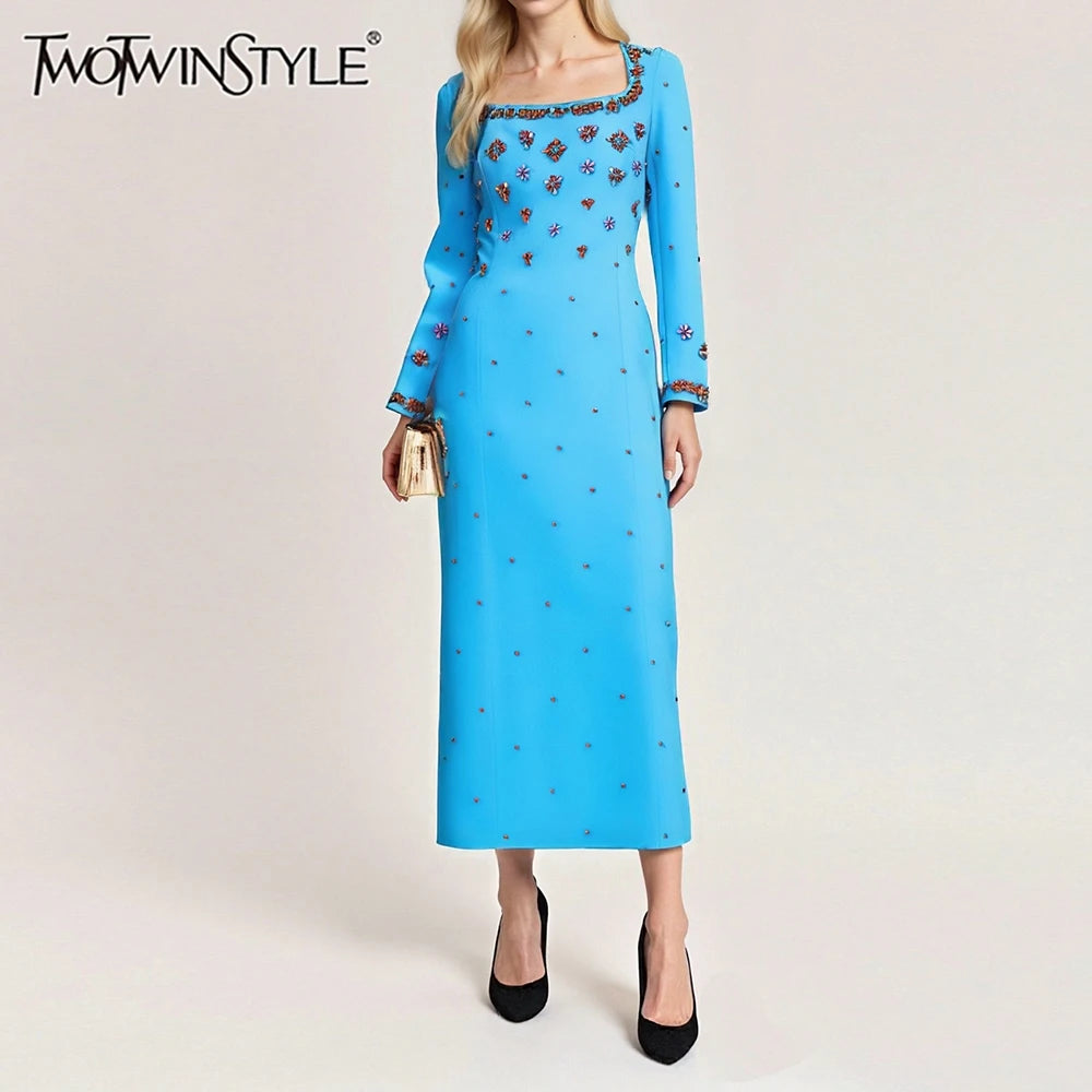 Solid Slimming Spliced Bead Luxurious Dresses for Women Square Neck Long Sleeves Temperament Dress Female Clothing
