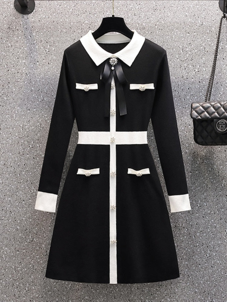 Petit parfum automne hiver tricoté Robe pull femmes noeud papillon boutons Vintage fête Mini Robe élégant décontracté Chic Robe Femme