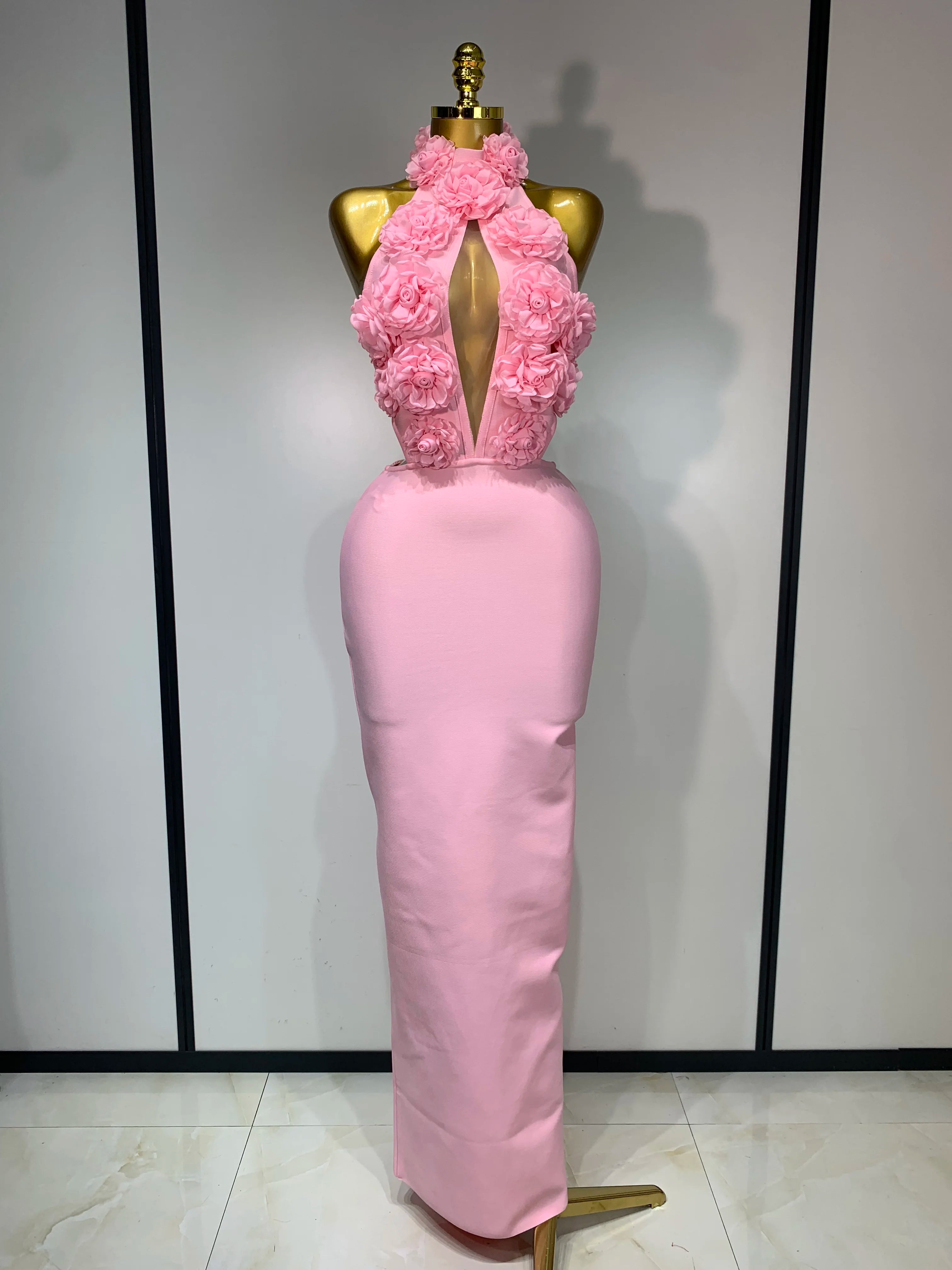 Luxury Birthday Dress Women Celebrity Sexy Halter Backless Flower Long Bandage Bodycon Dress 2025 Elegant Evening Party Outfit  Pink