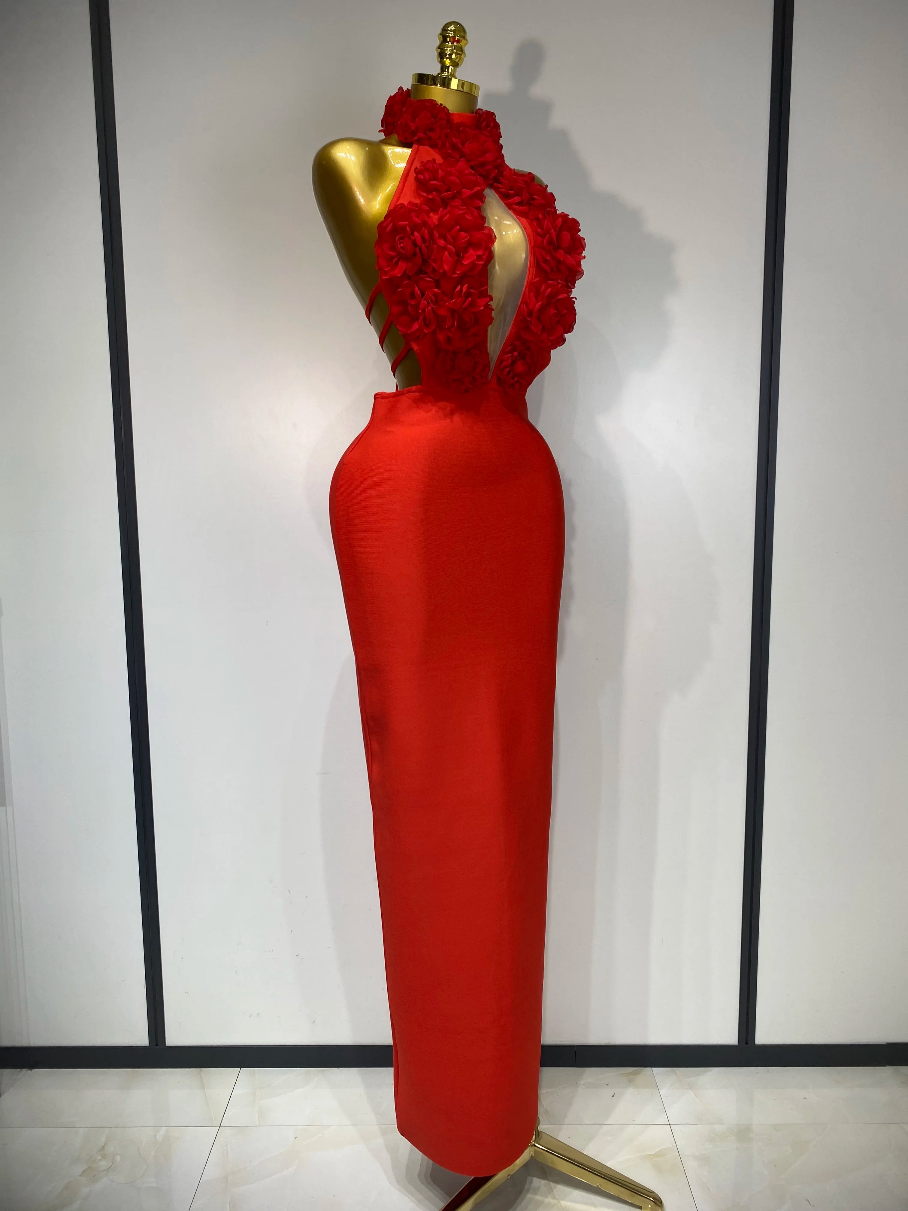 2025 New Women Sexy Halter Hollow Out Flowers Bodycon Bandage Dress Red Backless Elegant Party Luxury Birthday Wedding Dresses