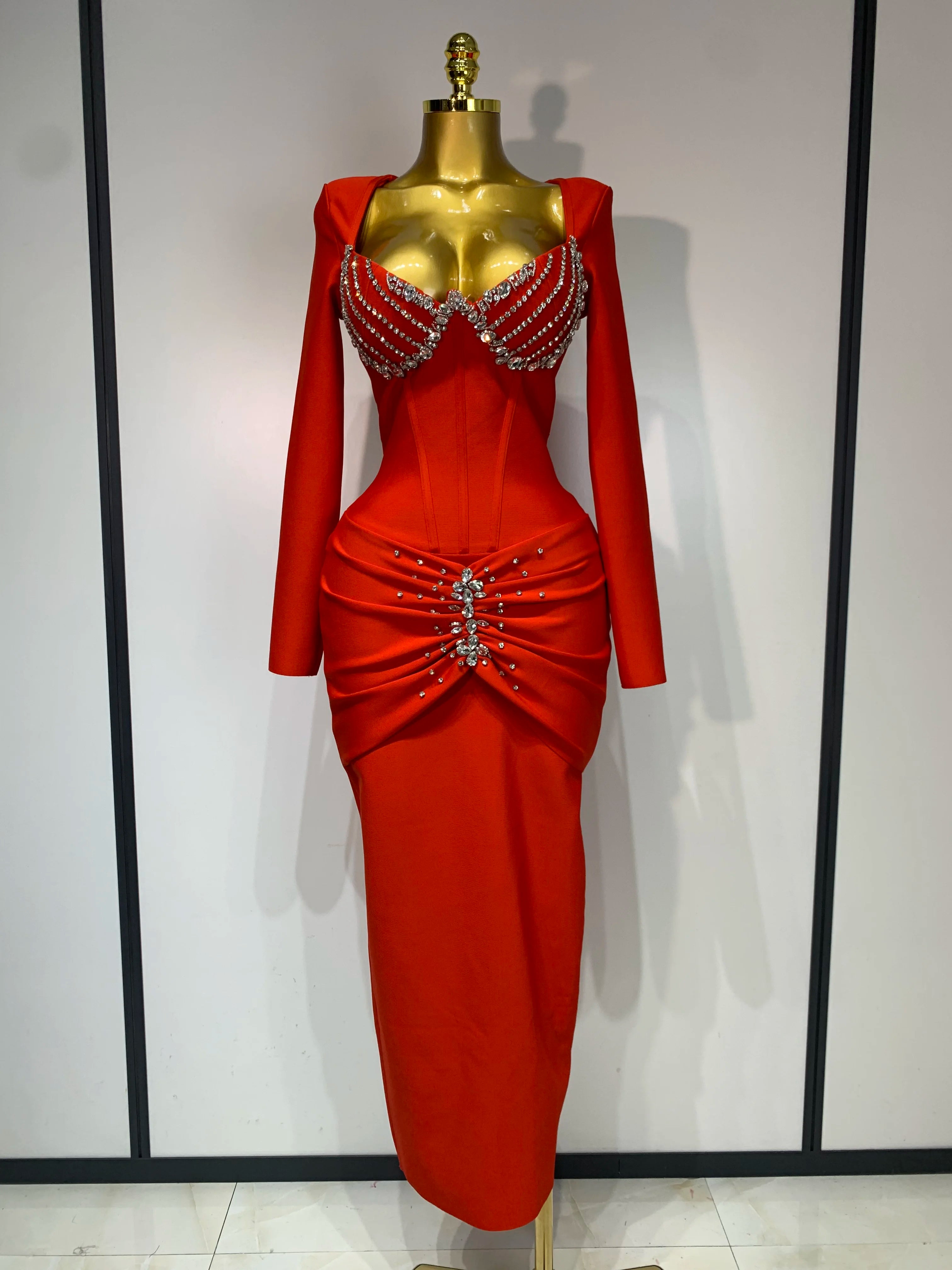 Women Sexy Luxury Sparkly Diamond Bandage Long Sleeve Bodycon Dress 2025 Celebrity Elegant Evening Club Pary Birthday Dresses Red