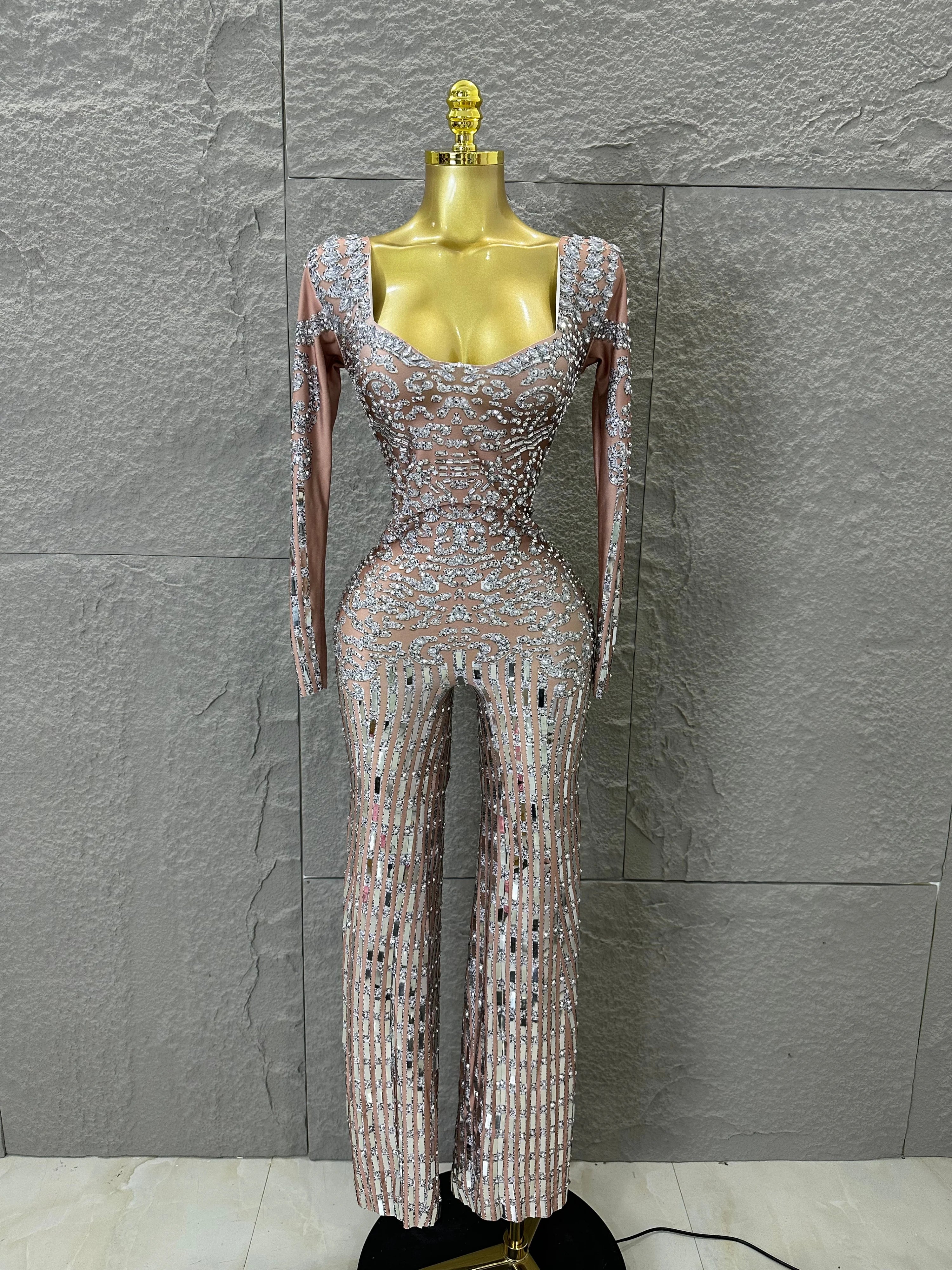 Silver Sheer Mesh Jumpsuit Women Sexy Sweetheart Neck Long Sleeve Full Crystal Skinny Outfit Stage Performance Costume Silver