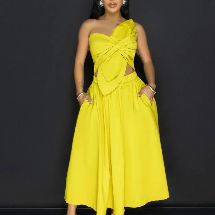 Women Big Petal Front Strapless Midi Long Dress 2024 Summer Street Vestidos Sexy Party Evening Chic Big Swing Dresses