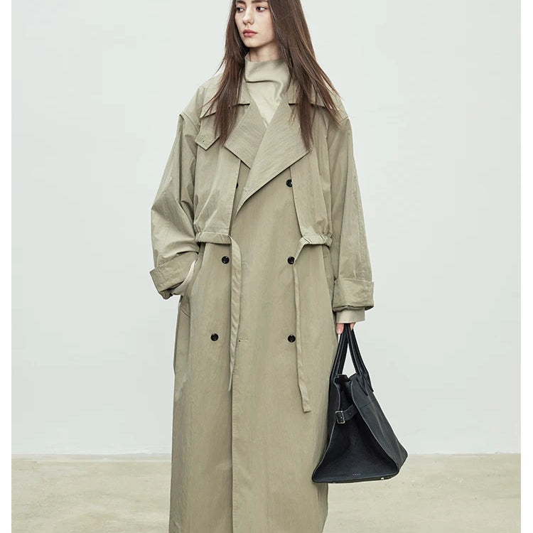 Lautaro Spring Autumn Oversized Khaki Long Trench Coat for Women Double Breasted Loose Casual European Fashion Overcoat 2025 khaki