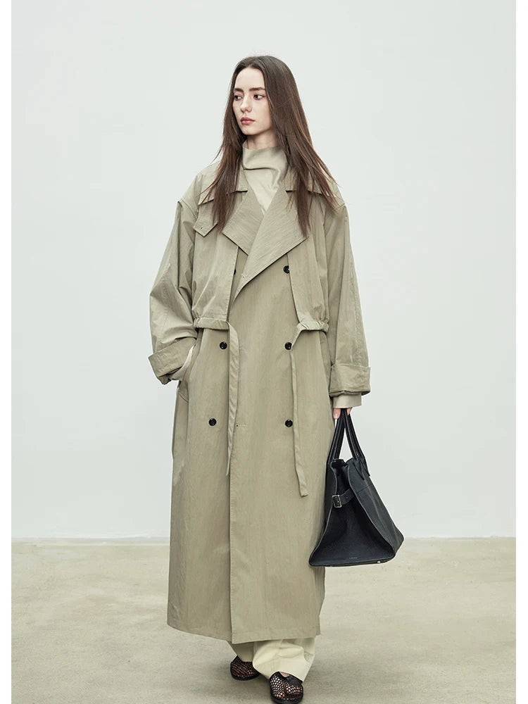 Lautaro Spring Autumn Oversized Khaki Long Trench Coat for Women Double Breasted Loose Casual European Fashion Overcoat 2025 khaki