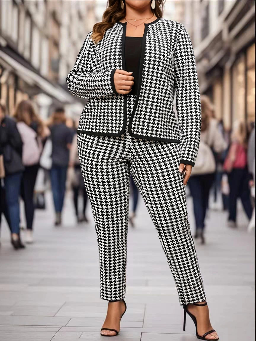 Large size directional elegant and fashionable houndstooth round neck women's long pants set, casual and versatile spring and au
