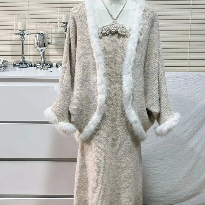 Winter New Fashion Spliced Furry 3D Flower Sweater Coat Evening Party Knitted Dress Two-Piece Set For Women 11A07912