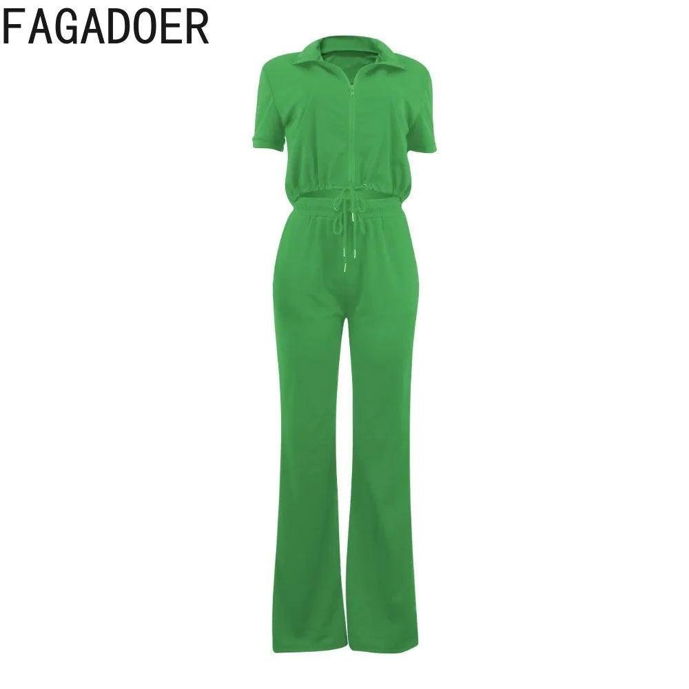 FAGADOER Fashion Solid Color Drawstring Flared Pants Two Piece Sets Women V Neck Short Sleeve Crop Top And Skinny Pants Outfits