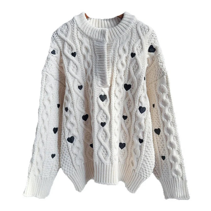 Autumn Winter New Fashion Heart Twist Sweater For Women Long Sleeve Loose Versatile Design Knitted Top Female 11A07872