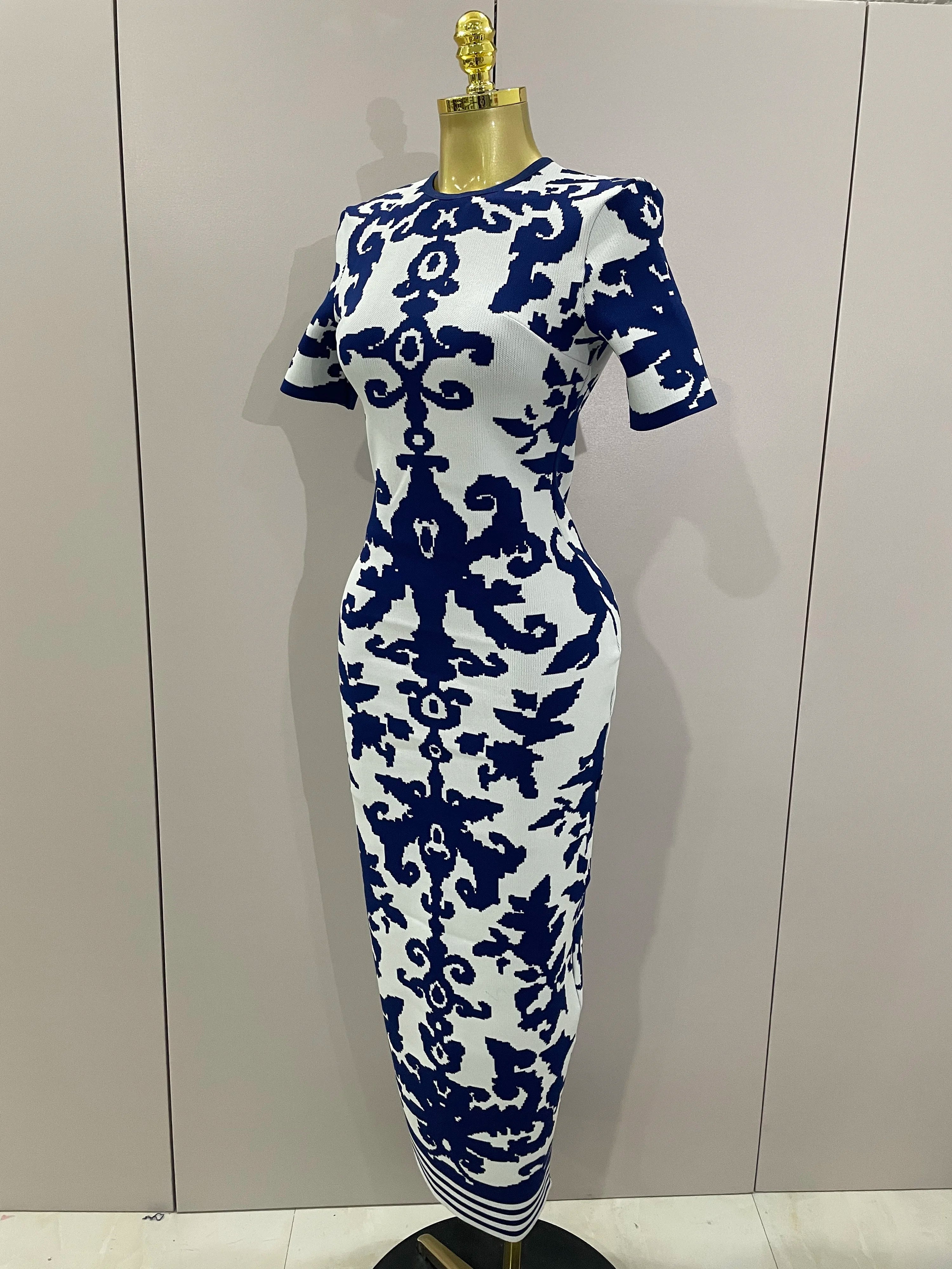 2025 New Sexy Short Sleeve Jacquard Blue Bandage Bodycon Long Dress Women Celebrity Elegant Evening Club Party Luxury Dresses