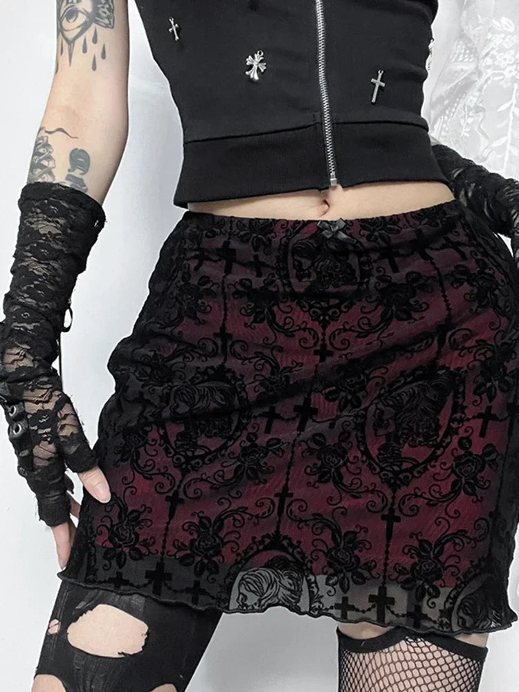 AltGoth Streetwear Elegant Gothic Skirt Women Vintage Emo Alternative Grunge High Waist Flockling Patchwork Mini Skirt Clubwear