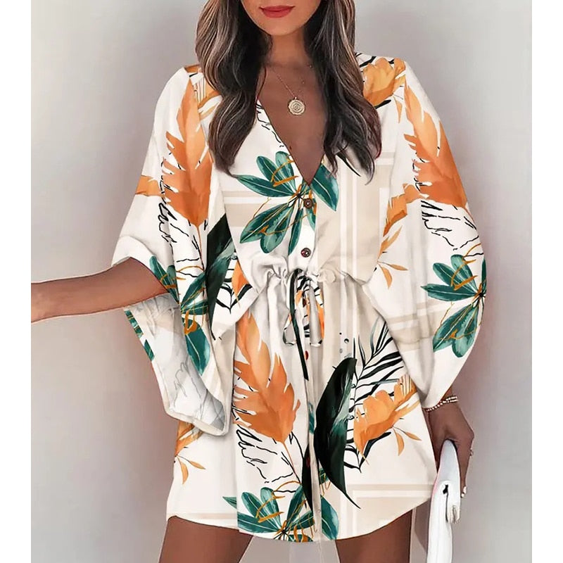 Summer Boho Mini Dress - Flora Print Batwing Sleeve Lace-Up V Neck Loose Button Dresses Ladies Beach Party Dress Vestido style11