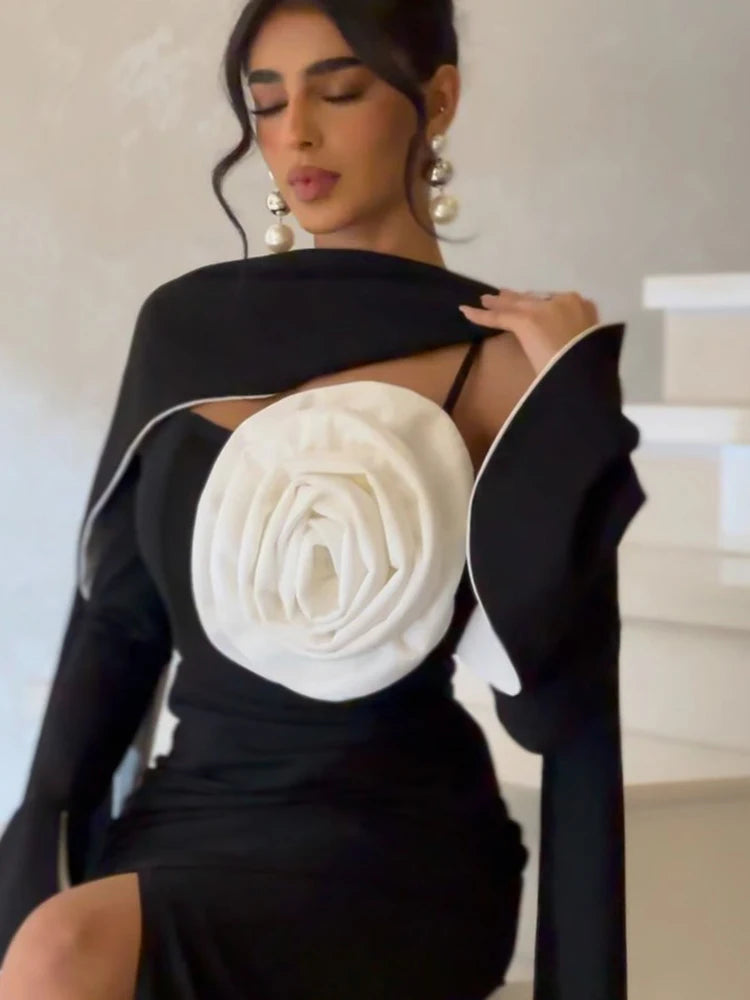 Summer New Simple Black Crepe 3D Flowers Mermaid Prom Dress 2024 Slim Long Sleeve Ankle-Length Formal Evening Dress