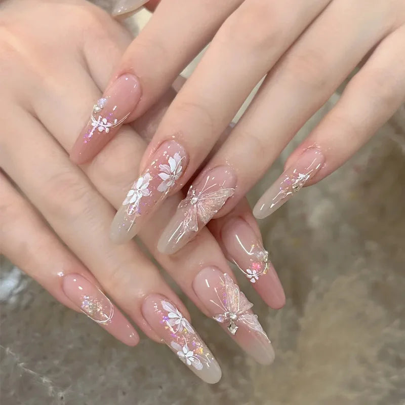 24Pcs Long Gradient Press on Fake Nails Full Cover Butterfly Rhinestone Design Gentle Oval Fashion Nail Detachable Nail Tips Art 4