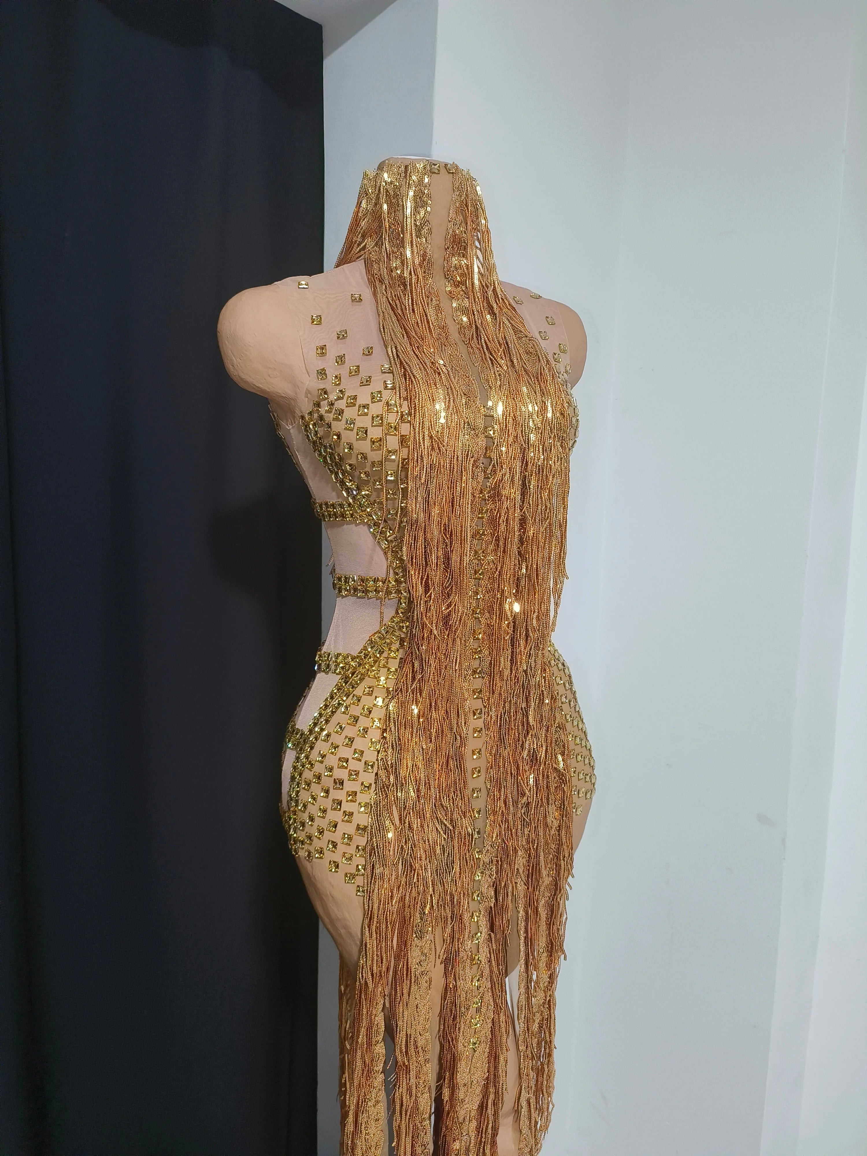 Opulent Gold Halter Neck Mini Dress Women Sexy Crystal Embellished Fringe Trim Form-Fitting Outfit Formal Event Party Costume