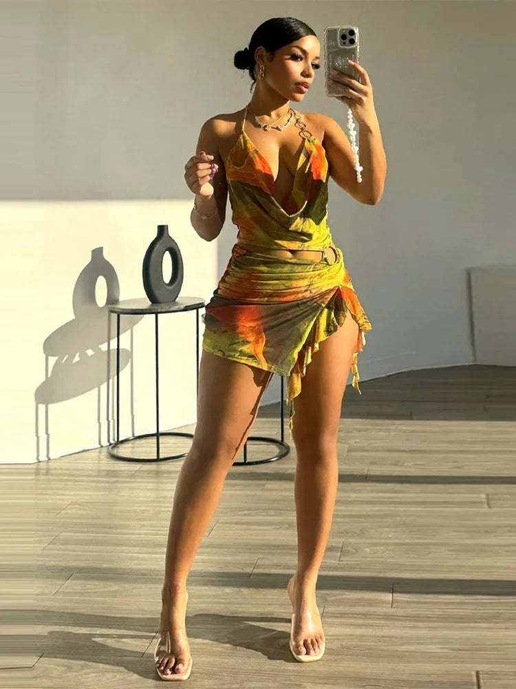 Sexy Printed Tie-dye Hollow Out Mini Dress Fashion Sleeveless Curling Edge Slim Fit Gown New Female Cocktail Party Vestidos 2025 Yellow