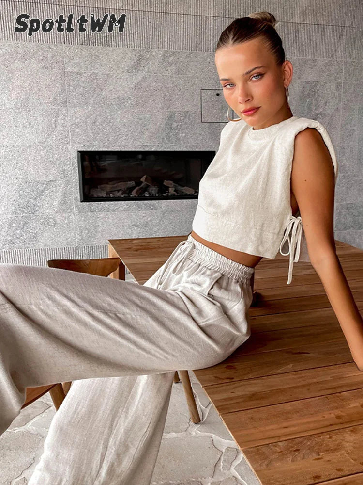 Casual Linen Lace Up Hollow Out Top Pants Sets Women O-neck Sleeveless Crop Tank Drawstring Trouser Suits Female Beach Outfits