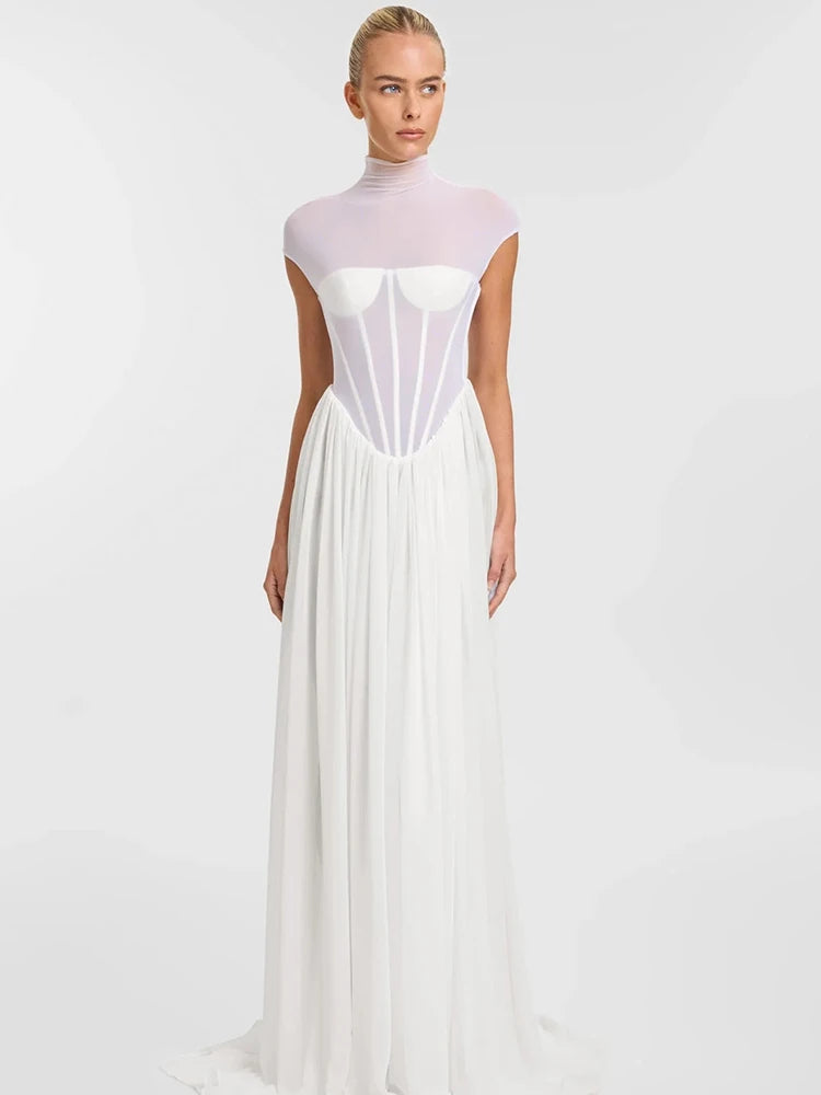 Romantic Ethereal High-Neck Bridal-Inspired Sheer White Maxi Dress for Wedding Party Evening Gown