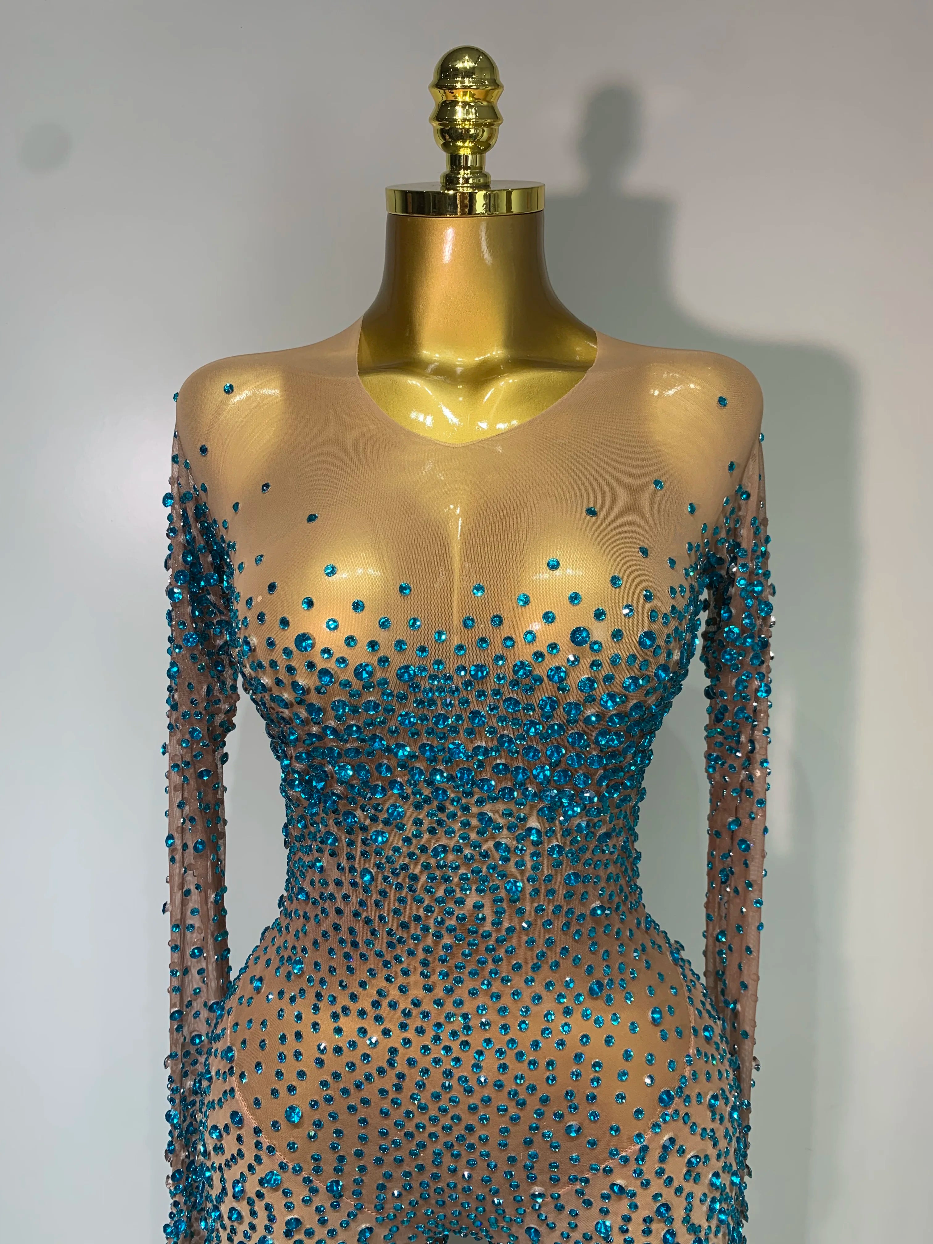 Luxury Rhinestones Bodycon Jumpsuit Sexy Women Mesh See Through Birthday Gown Women Bar Nightclub Dancer Stage Outfit