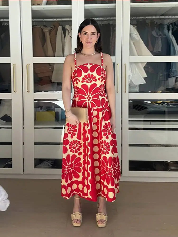 Fashion Red Print Spaghetti Strap Dress Women Sexy Backless Sleeveless Sling Robe Summer Female Casual Party Beach Vestidos