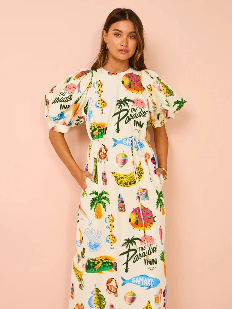 Women Hawaii Holiday Print Long Dress Short Sleeve Sashes Empire Waist Loose Vintage Retro Ladies Summer Beach Drsses NEW
