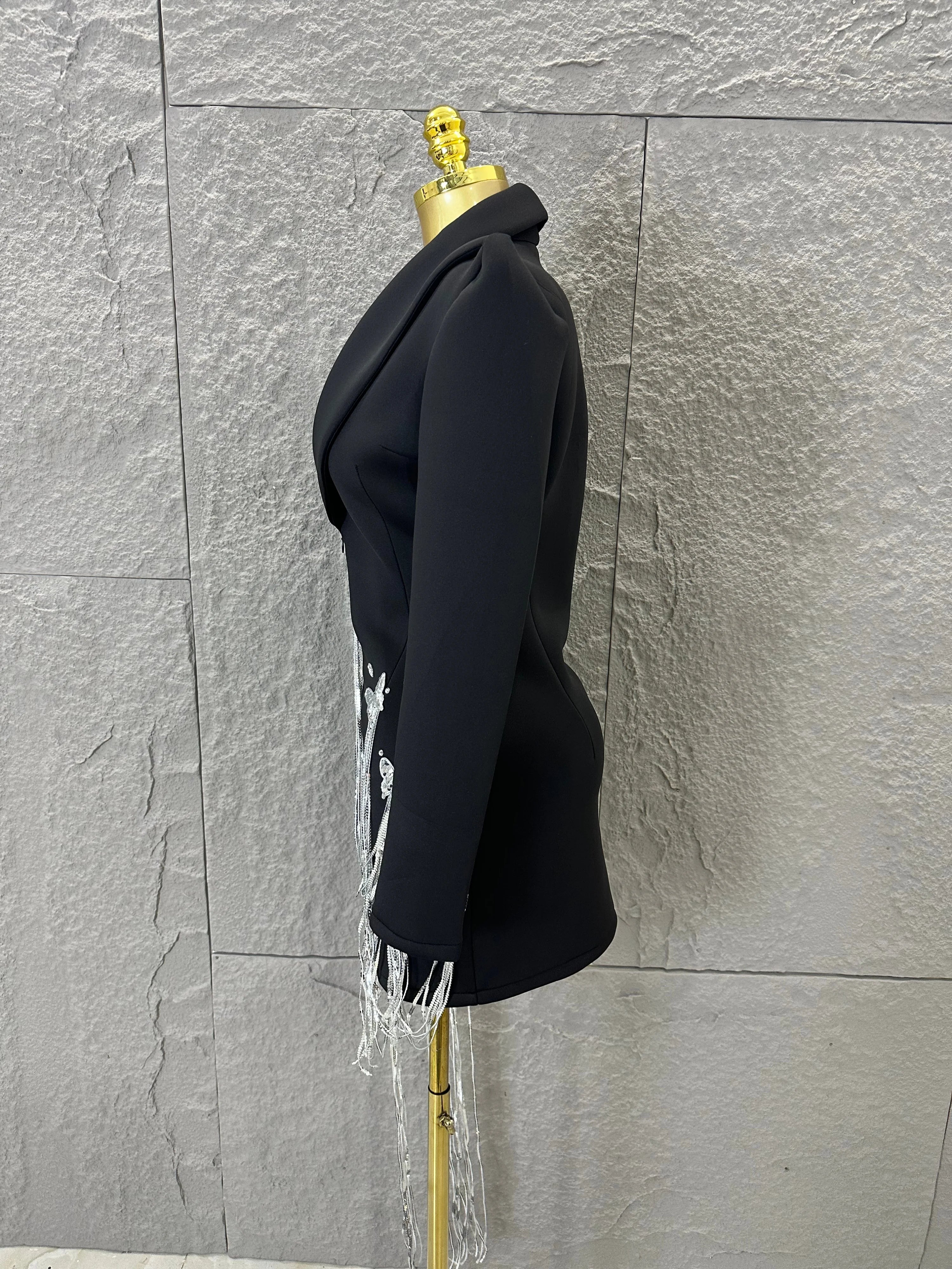 Luxury Black Blazer Mini Dress Deep V Neck Silver Crystal Beaded Butterfly Long Tassel Formal Evening Cocktail Gala Party Gown
